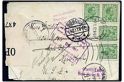 5 øre Chr. X (4) på brev fra Kjøbenhavn d. 9.8.1917 til New York, USA - eftersendt til Chicago og returneret med flere stempler. Ank.retur til Søborg d. 14.12.1917. Åbnet af britisk censur no. 4377.