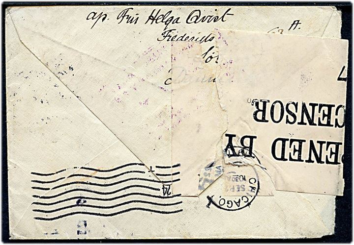 5 øre Chr. X (4) på brev fra Kjøbenhavn d. 9.8.1917 til New York, USA - eftersendt til Chicago og returneret med flere stempler. Ank.retur til Søborg d. 14.12.1917. Åbnet af britisk censur no. 4377.
