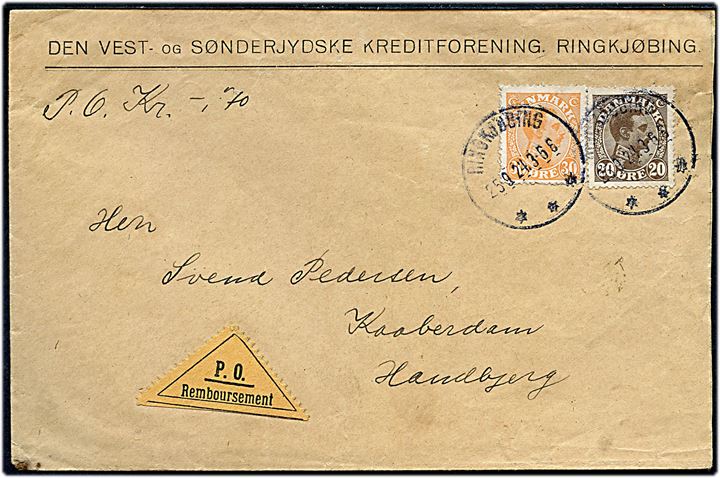 20 øre og 30 øre Chr. X på brev med postopkrævning fra Ringkjøbing d. 25.9.1924 til Handbjerg.
