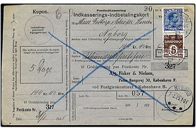 5 øre Bølgelinie og 40 øre Chr. X på retur Indkasserings-Indbetalingskort fra København d. 31.1.1925 til Nyborg.