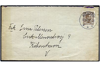20 øre Chr. X på brev annulleret med brotype IIb Kjellerup d. 23.4.1923 til København.