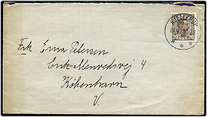 20 øre Chr. X på brev annulleret med brotype IIb Kjellerup d. 23.4.1923 til København.