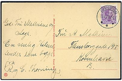 15 øre Chr. X på brevkort annulleret med brotype IIIb Frederiksværk d. 13.7.1923 til København.
