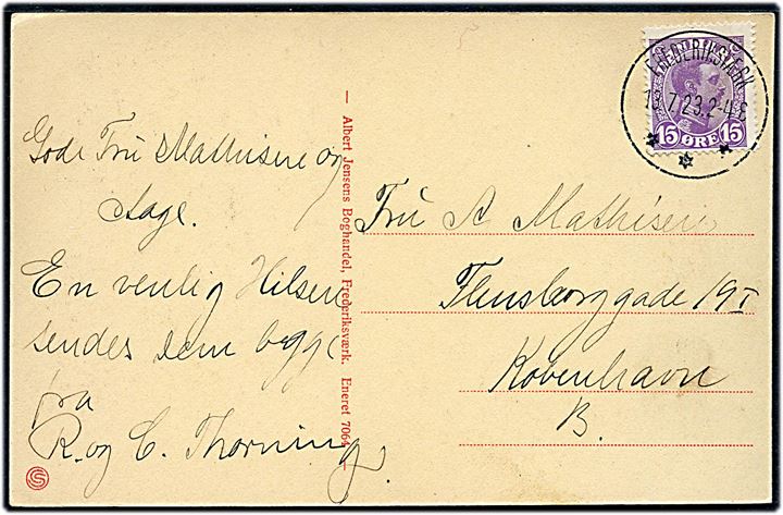 15 øre Chr. X på brevkort annulleret med brotype IIIb Frederiksværk d. 13.7.1923 til København.
