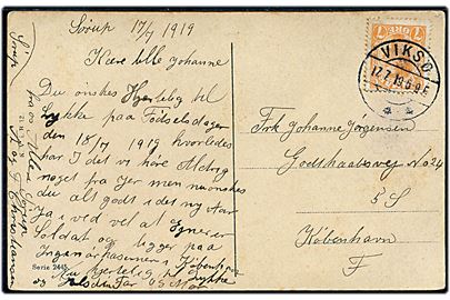 7 øre Chr. X på brevkort annulleret med brotype IIa Viksø d. 17.7.1919 til København.