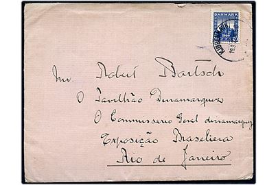 40 øre Genforening single på brev fra Kjøbenhavn d. 19.9.1922 til Robert Bartsch (Afdelingschef i Bing & Grøndahls Porcelæns Udsalg) i den danske pavillon ved Verdensudstillingen i Rio de Janeiro, Brasilien.