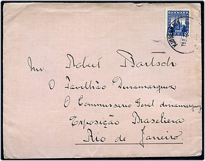 40 øre Genforening single på brev fra Kjøbenhavn d. 19.9.1922 til Robert Bartsch (Afdelingschef i Bing & Grøndahls Porcelæns Udsalg) i den danske pavillon ved Verdensudstillingen i Rio de Janeiro, Brasilien.