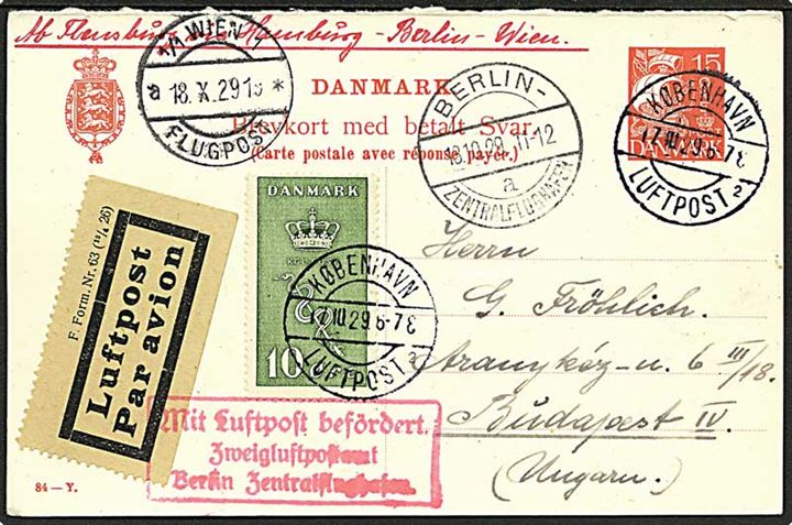 15 øre Karavel spørgedel af dobbelt helsagsbrevkort (fabr. 84-Y) opfrankeret med 10+5 øre Kræftmærke sendt som luftpost fra København Luftpost sn2 d. 17.10.1929 via Berlin og Wien til Budapest, Ungarn. 