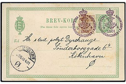 5 øre Våben helsagsbrevkort (Harald Slott-Møller Atlas) opfrankeret med 24 øre Våben annulleret med særstempel Velgjørenhedsbazaren i Kjøbenhavn d. 9.4.1901 til København.