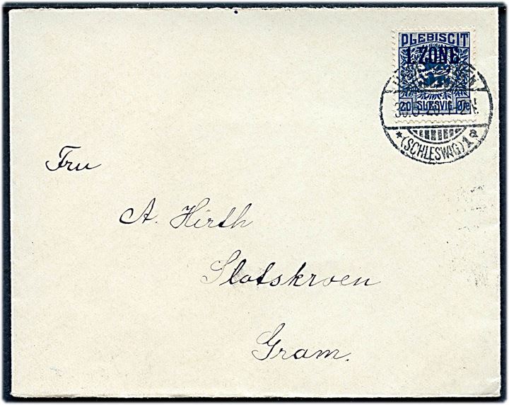 20 øre 1. Zone udg. på brev annulleret Hadersleben *(Schleswig)1a d. 30.5.1920 til Gram.