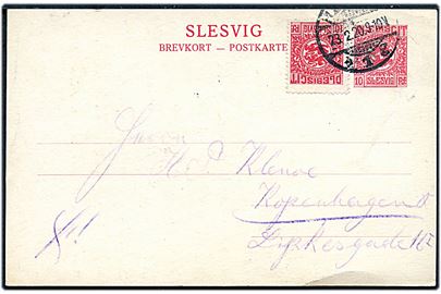 10 pfg. Fælles udg. helsagsbrevkort opfrankeret med 10 pfg. Fælles udg. fra Flensburg d. 23.2.1920 til København, Danmark.