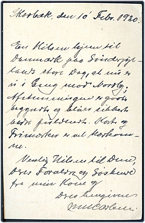 15 pfg. Fælles udg. helsagsbrevkort stemplet Scherrebeck *(Schleswig)* d. 10.2.1920 til Nordby Fanø, Danmark. 