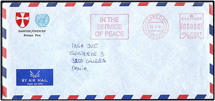 DANCON / UNFICYP In Service of Peace d. 23.4.1991 frankostempel på ufrankeret luftpostbrev fra dansk FN-soldat på Cypern til Gilleleje.