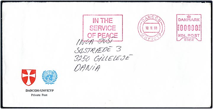 DANCON / UNFICYP In Service of Peace d. 10.11.1990 frankostempel på ufrankeret brev fra dansk FN-soldat på Cypern til Gilleleje.