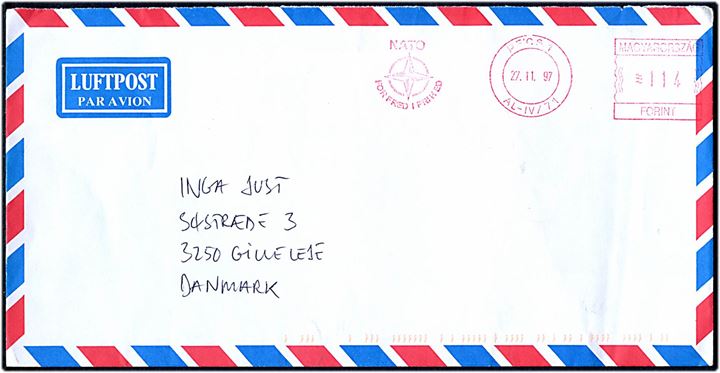Ungarsk 114 f. frankostempel PECS / NATO for fred i frihed d. 27.11.1997 på luftpostbrev til Gilleleje, Danmark. På bagsiden afs.-stempel: C-SQN DANBN/NORDPOLBDE/SFOR Feltpost 222 / Krasevo / H-7650.
