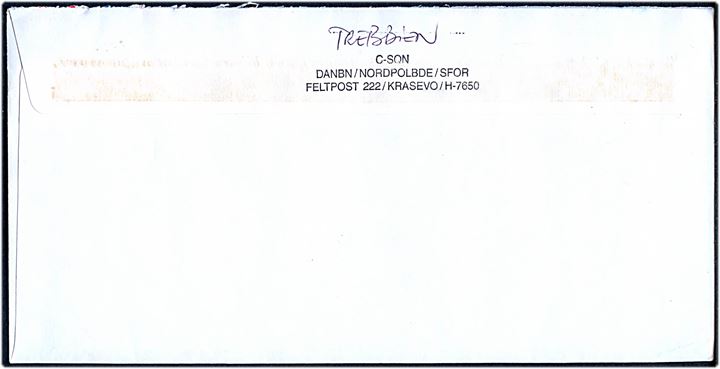 Ungarsk 128 f. frankostempel PECS / NATO for fred i frihed d. 12.3.1998 på luftpostbrev til Gilleleje, Danmark. På bagsiden afs.-stempel: C-SQN DANBN/NORDPOLBDE/SFOR Feltpost 222 / Krasevo / H-7650.