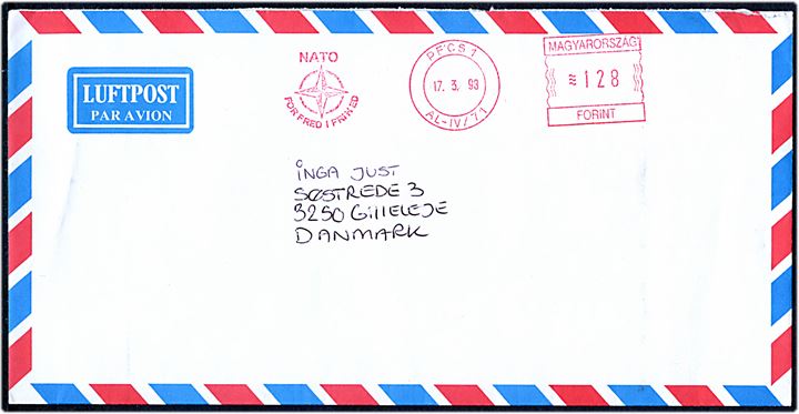 Ungarsk 128 f. frankostempel PECS / NATO for fred i frihed d. 17.3.1998 på luftpostbrev til Gilleleje, Danmark. På bagsiden afs.-stempel: HQ & HQCOY/NORDPOLBDE/IFOR Feltpost 111 / Doboj / H-7650.