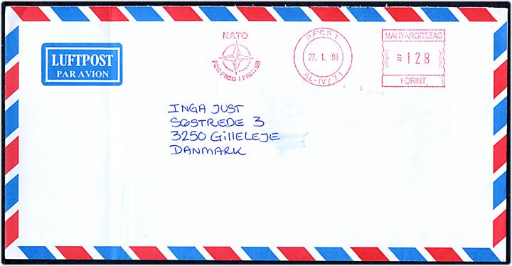 Ungarsk 128 f. frankostempel PECS / NATO for fred i frihed d. 27.1.1998 på luftpostbrev til Gilleleje, Danmark. På bagsiden afs.-stempel: HQ & HQCOY/NORDPOLBDE/IFOR Feltpost 111 / Doboj / H-7650.