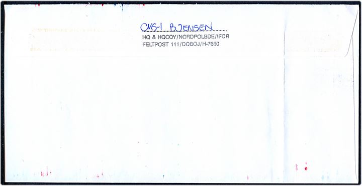 Ungarsk 128 f. frankostempel PECS / NATO for fred i frihed d. 27.1.1998 på luftpostbrev til Gilleleje, Danmark. På bagsiden afs.-stempel: HQ & HQCOY/NORDPOLBDE/IFOR Feltpost 111 / Doboj / H-7650.
