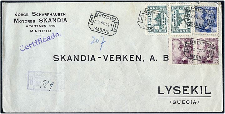 15 cts Junta de Defensa (2), 25 cts. (2) og 70 cts. på anbefalet brev fra Madrid d. 27.10.1941 til Lysekil, Sverige. På bagsiden lokal spansk censur fra Madrid.