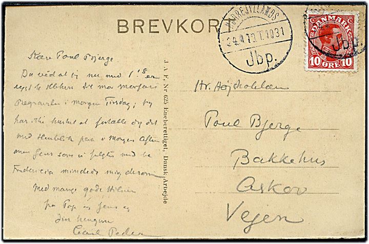 10 øre Chr. X på brevkort fra Fredericia annulleret med reserve bureaustempel Nørrejyllands Jbp. T.1031 d. 24.11.1919 til Askov. Stemplet benyttet på strækningen Fredericia - Struer.