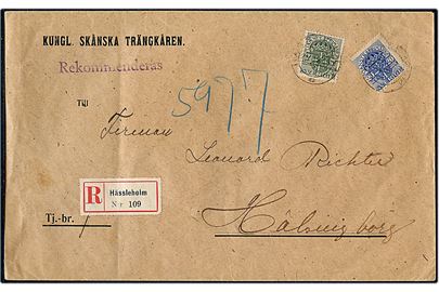 7 öre og 20 öre Tjenestemærke på fortrykt kuvert fra Kungl. Skånska Trängkåren sendt anbefalet fra Hässleholm d. 21.12.1918 til Hälsingborg.