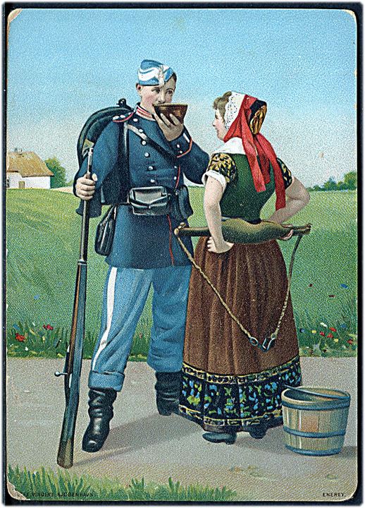 Kartonkort. Soldat får en tår mælk af malkepigen. A. Vincent u/no.