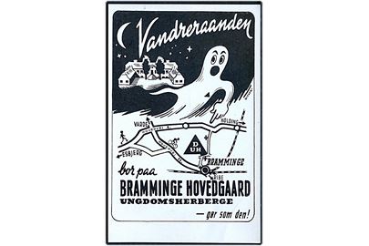 Tegnet reklamekort for Ungdomsherberget Bramminge Hovedgaard med slogan Vandreraanden bor på. Stenders no. 79613.
