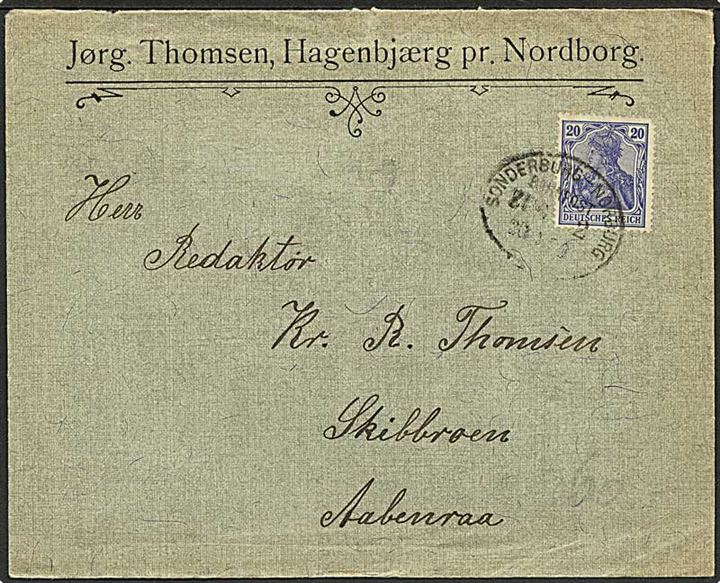 20 pfg. Germania på brev fra Hagenbjærg pr. Nordborg annulleret med bureaustempel Sonderburg - Norburg Zug 2 d. 20.1.1920 til Aabenraa. Fra den provisoriske plebicite periode 10.-24.1.1920 hvor  CIS kommissionen endnu ikke var på plads i Slesvig.
