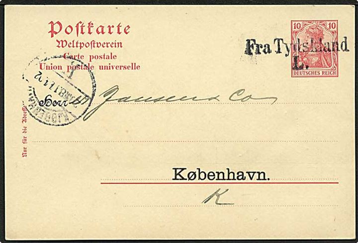 10 pfg. Germania enkeltbrevkort fra Lübeck annulleret med skibsstempel Fra Tyskland L. og sidestemplet Kjøbenhavn K. d. 14.4.1902 til København.