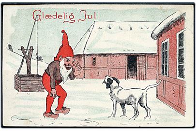 Ludvig Møgelgaard: Julekort, Nisse taler med hunden. A. Vincent serie 316/6.
