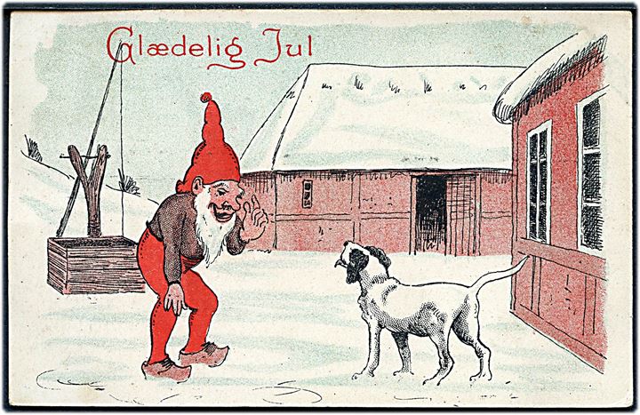 Ludvig Møgelgaard: Julekort, Nisse taler med hunden. A. Vincent serie 316/6.