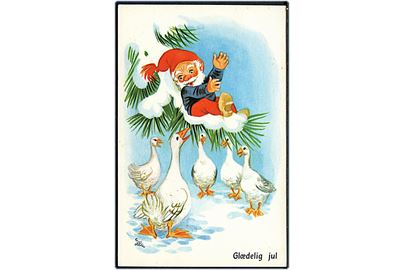 Winkelhorn, Illa: Julekort. Gæs synger morgensang for nisse i grantræ. Stenders serie 629/27.