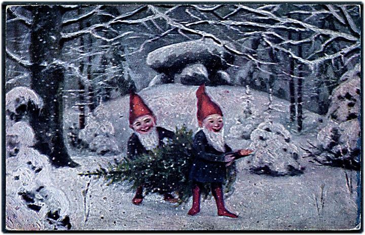Ludvig Møgelgaard: Julekort, 2 nisser slæber på et juletræ. A. Vincent serie 83.