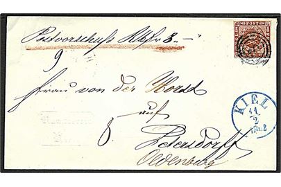 4 sk. 1858 udg. på brev med postforskud annulleret med svagt nr.stempel og blåt antiqua sidestempel Kiel d. 11.2. 1862 til Oldenburg.