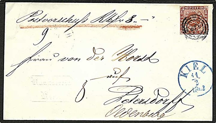 4 sk. 1858 udg. på brev med postforskud annulleret med svagt nr.stempel og blåt antiqua sidestempel Kiel d. 11.2. 1862 til Oldenburg.