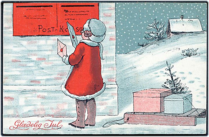Julekort, pige med julegaver afleverer post. A Vincent serie 132/5.