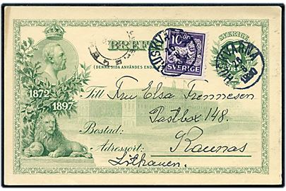 5 øre jubilæums helsagsbrevkort opfrankeret med 10 öre Løve fra Huskvarna d. 26.8.1930 til Kaunas, Litauen.