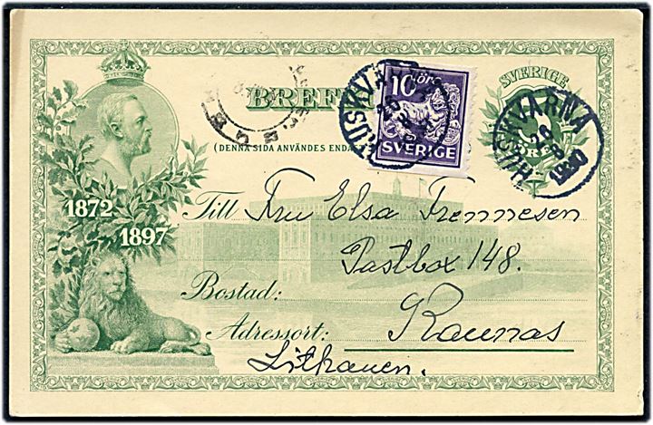 5 øre jubilæums helsagsbrevkort opfrankeret med 10 öre Løve fra Huskvarna d. 26.8.1930 til Kaunas, Litauen.