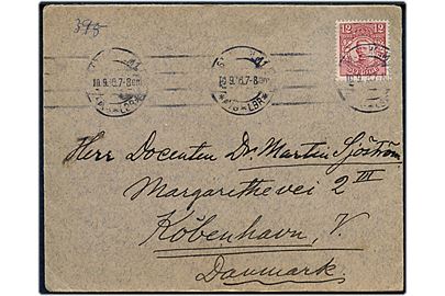 12 öre Gustaf single på brev fra Stockholm d. 10.9.1918 til Docent Dr. Martin Sjöström i København, Danmark.