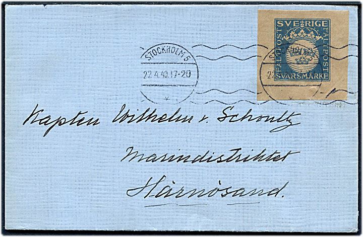 Svarmärke frankeret brev fra Stockholm d. 22.4.1940 til Marindistrikt Härnösand. På bagsiden stemplet: Chefen för Norrlandskustens Marindistrikt.
