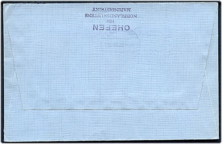 Svarmärke frankeret brev fra Stockholm d. 22.4.1940 til Marindistrikt Härnösand. På bagsiden stemplet: Chefen för Norrlandskustens Marindistrikt.