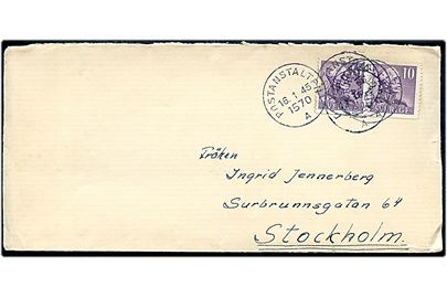 10 öre Gustaf i parstykke på brev fra soldat ved fältpost 75376 annulleret Postanstalten 1570A (= Dala-Järna) d. 16.1.1945 til Stockholm.