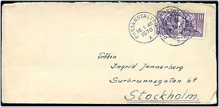 10 öre Gustaf i parstykke på brev fra soldat ved fältpost 75376 annulleret Postanstalten 1570A (= Dala-Järna) d. 16.1.1945 til Stockholm.
