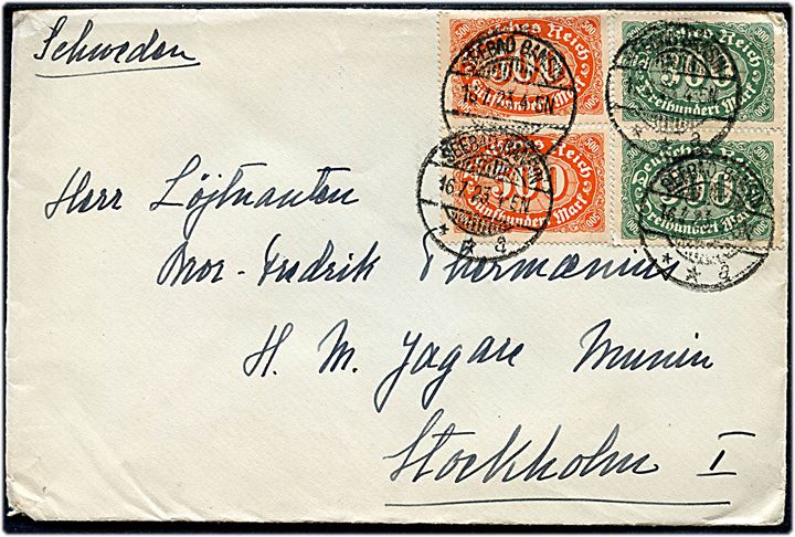 300 mk. (2) og 500 mk. (2) Infla udg. på brev fra Seebad Bansin d. 16.7.1923 til løjtnant ombord på svensk jager Munin, Stockholm I, Sverige.