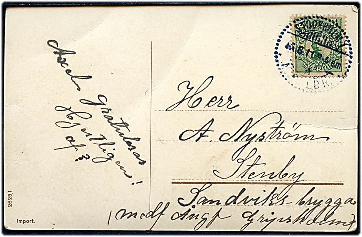 5 öre Gustaf på brevkort sendt som skærgårdspost fra Stockholm d. 16.5.1911 til Stenby via Sandviks-Brygga med Ångf. Gripsholm.