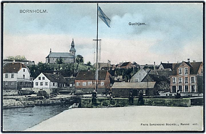 Gudhjem, havnen med kirke i baggrunden. Frits Sørensen no. 497.