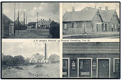 Tvis, partier med jernbanestation , gadeparti og J. P. Jensens Kolonial og Produkt Forretning. J.J.N. no. 8102.