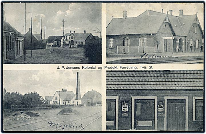 Tvis, partier med jernbanestation , gadeparti og J. P. Jensens Kolonial og Produkt Forretning. J.J.N. no. 8102.