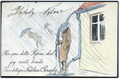 Alfred Schmidt: Her paa dette Hjørne skal jeg vente hende. Kendetegn: Nedslaaet Paraply. Stenders u/no.